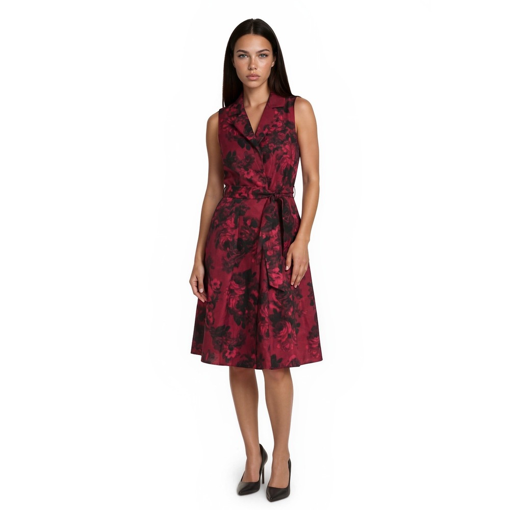 Jessica Howard Fit Flare Dress Women's Size 12 Red Black Floral‎ Tie Waist